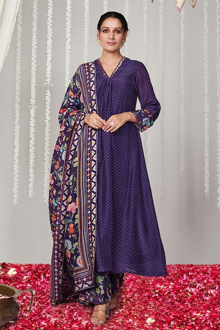 Blooming Threads Purple Kurta And Pant Cotton Silk Printed Polka Dot V Neck Bagicha Set 