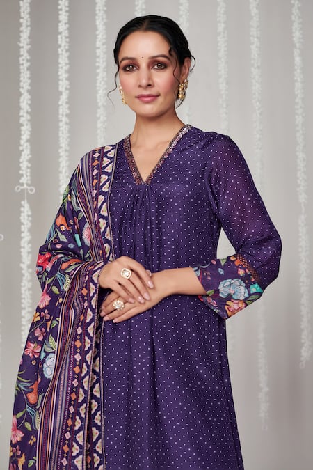 Buy_Blooming Threads_Purple Cotton, Silk, Organza Embroidery Bagicha Polka Dot Print Kurta Pant Set _Online_at_Aza_Fashions