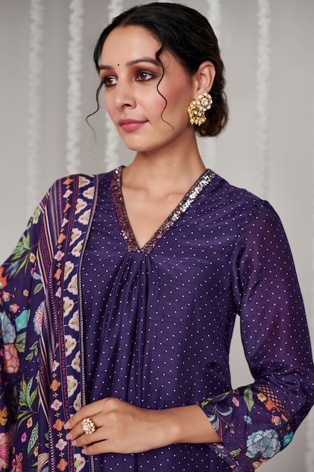 Shop_Blooming Threads_Purple Cotton, Silk, Organza Embroidery Bagicha Polka Dot Print Kurta Pant Set _Online_at_Aza_Fashions