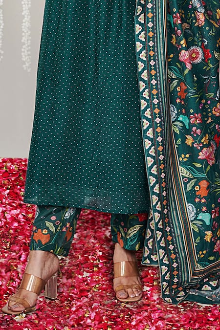 Buy_Blooming Threads_Blue Cotton, Silk, Organza Bagicha Polka Dot Kurta Floral Pant Set _Online_at_Aza_Fashions
