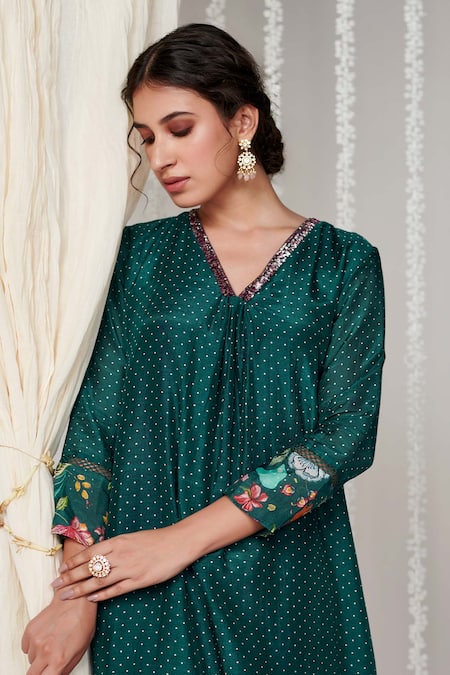 Blooming Threads_Blue Cotton, Silk, Organza Bagicha Polka Dot Kurta Floral Pant Set _at_Aza_Fashions