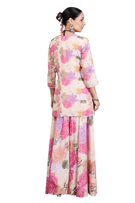 Blooming Threads_White Cotton, Silk, Organza Embroidery Nargis Floral Print Kurta Sharara Set _Online_at_Aza_Fashions