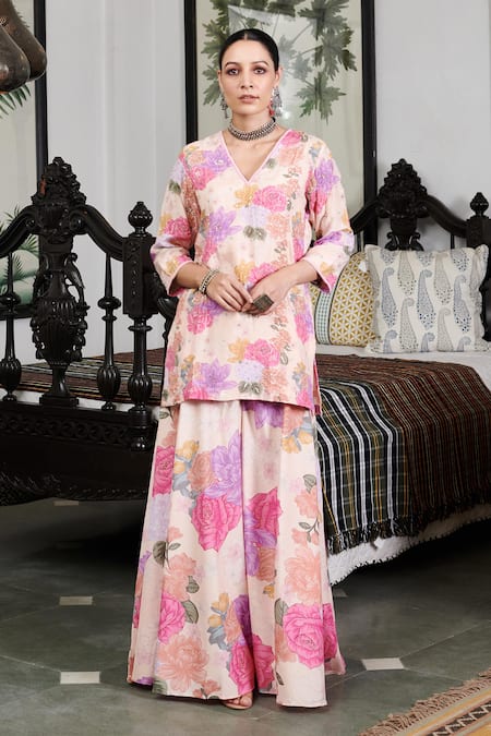 Buy_Blooming Threads_White Cotton, Silk, Organza Embroidery Nargis Floral Print Kurta Sharara Set _Online_at_Aza_Fashions