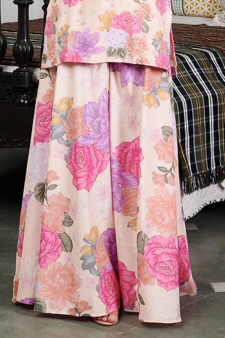 Shop_Blooming Threads_White Cotton, Silk, Organza Embroidery Nargis Floral Print Kurta Sharara Set _Online_at_Aza_Fashions