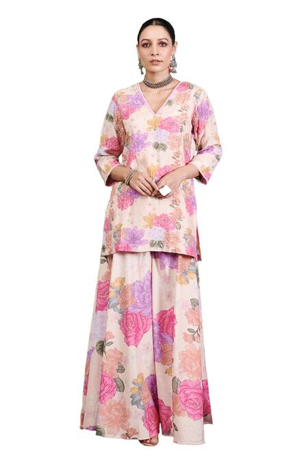 Blooming Threads_White Cotton, Silk, Organza Embroidery Nargis Floral Print Kurta Sharara Set _at_Aza_Fashions