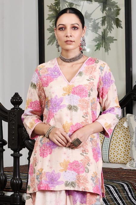 Buy_Blooming Threads_White Cotton, Silk, Organza Embroidery Nargis Floral Print Kurta Sharara Set 