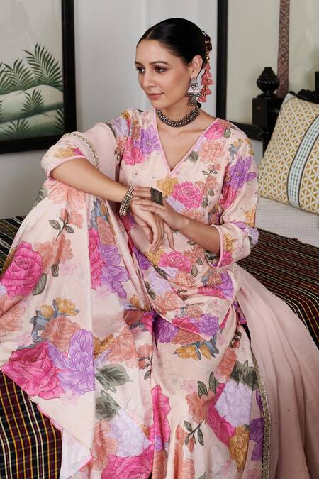 Shop_Blooming Threads_White Cotton, Silk, Organza Embroidery Nargis Floral Print Kurta Sharara Set 