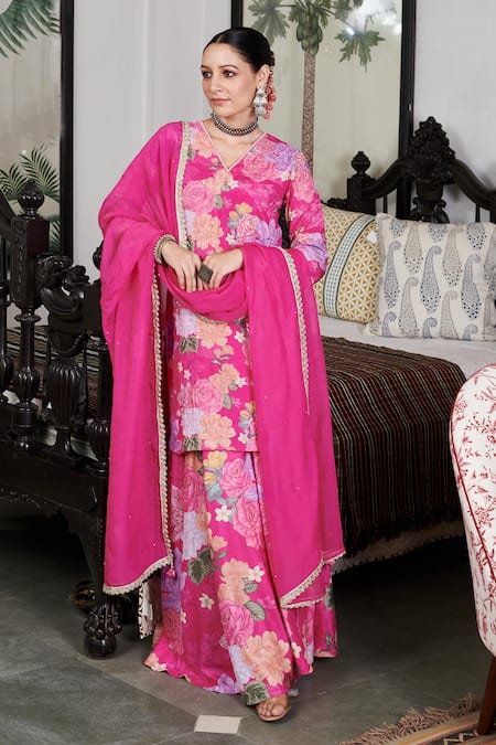 Blooming Threads Pink Kurta And Sharara Cotton Silk Printed Floral V Neck Nargis Set 