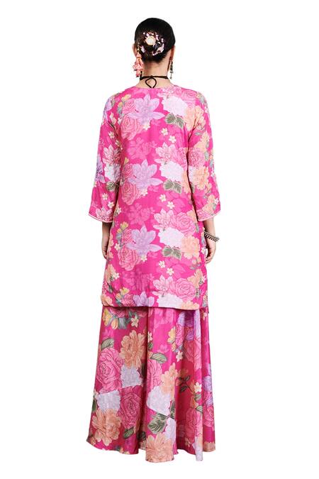 Buy_Blooming Threads_Pink Cotton, Silk, Organza Embroidery V-neck Nargis Printed Kurta Sharara Set _Online_at_Aza_Fashions