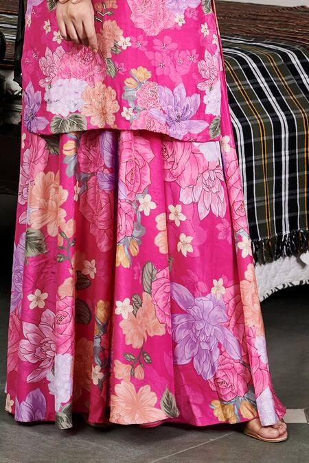 Blooming Threads_Pink Cotton, Silk, Organza Embroidery V-neck Nargis Printed Kurta Sharara Set _at_Aza_Fashions