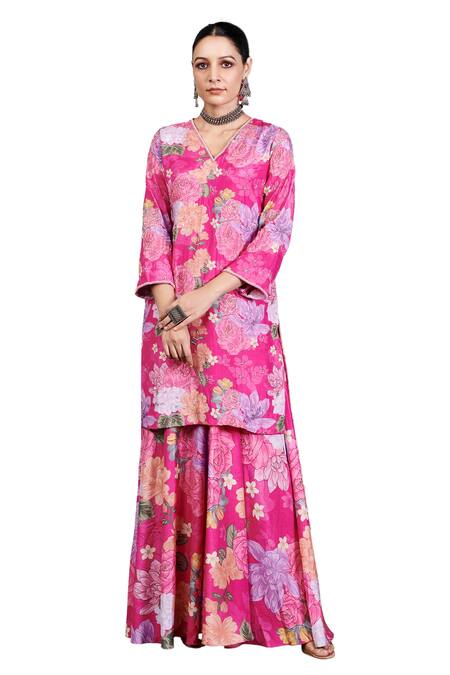 Buy_Blooming Threads_Pink Cotton, Silk, Organza Embroidery V-neck Nargis Printed Kurta Sharara Set 