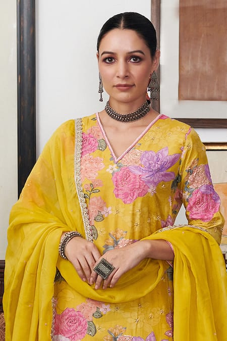 Shop_Blooming Threads_Yellow Cotton, Silk, Organza Nargis Floral Print Straight Kurta Sharara Set _Online_at_Aza_Fashions