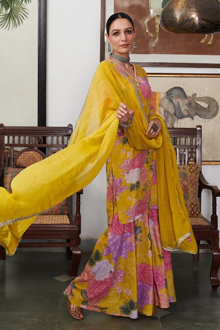 Blooming Threads_Yellow Cotton, Silk, Organza Nargis Floral Print Straight Kurta Sharara Set _at_Aza_Fashions
