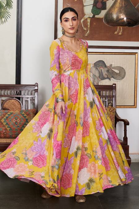Buy_Blooming Threads_Yellow Georgette, Organza, Lycra Embroidery, Sequins Nargis Printed Anarkali Set _Online_at_Aza_Fashions