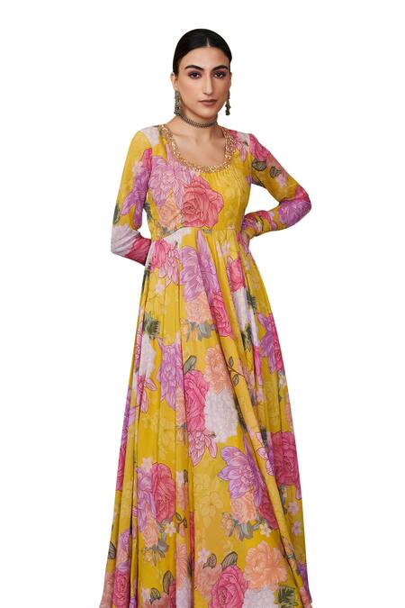 Shop_Blooming Threads_Yellow Georgette, Organza, Lycra Embroidery, Sequins Nargis Printed Anarkali Set _Online_at_Aza_Fashions