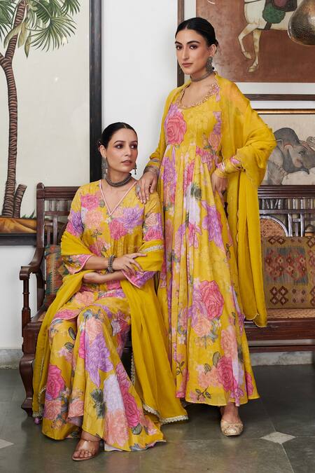 Blooming Threads_Yellow Georgette, Organza, Lycra Embroidery, Sequins Nargis Printed Anarkali Set _at_Aza_Fashions
