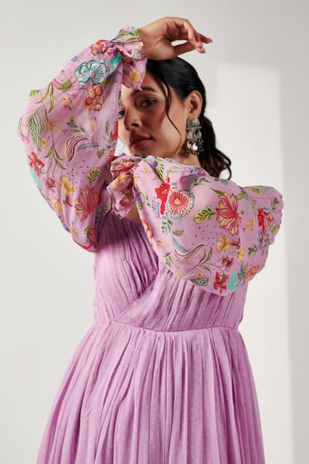Blooming Threads_Purple Georgette, Linen Embroidery Bagicha Polka Print Cold Shoulder Midi Dress _Online_at_Aza_Fashions