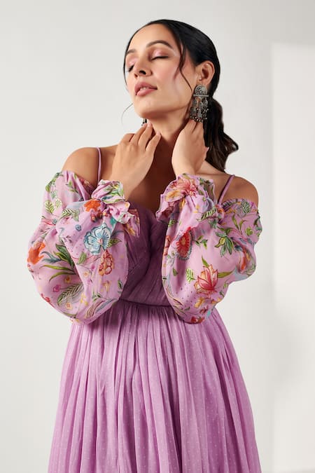 Buy_Blooming Threads_Purple Georgette, Linen Embroidery Bagicha Polka Print Cold Shoulder Midi Dress _Online_at_Aza_Fashions