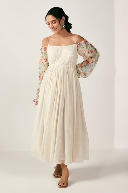 Blooming Threads White Georgette Print Polka Bloom Square Neck Bagicha Dot Cold Shoulder Dress 