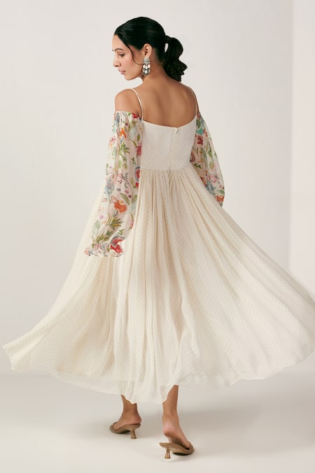 Blooming Threads Bagicha Polka Dot Print Cold Shoulder Dress 