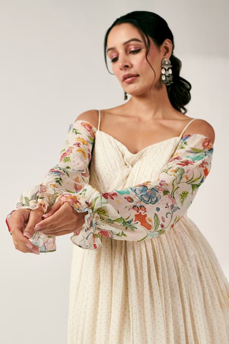 Blooming Threads_White Georgette, Linen Square Neck Bagicha Polka Dot Print Cold Shoulder Dress _Online_at_Aza_Fashions