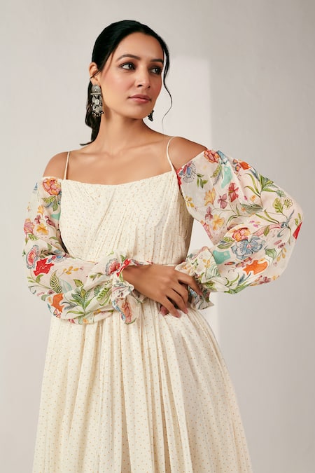 Buy_Blooming Threads_White Georgette, Linen Square Neck Bagicha Polka Dot Print Cold Shoulder Dress _Online_at_Aza_Fashions