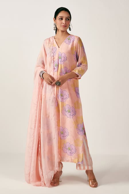 Blooming Threads Pink Cotton Silk Print Bloom V Neck Bagicha Blossom Kurta Pant Set 