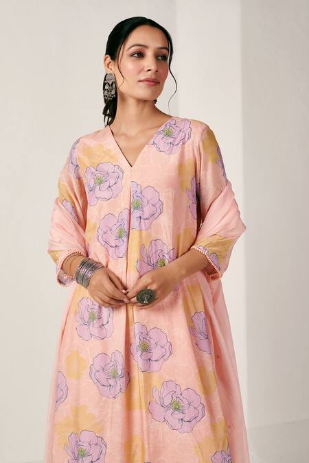 Blooming Threads_Pink Organza, Cotton, Silk Sequins V-neck Bagicha Blossom Print Kurta Pant Set _Online_at_Aza_Fashions