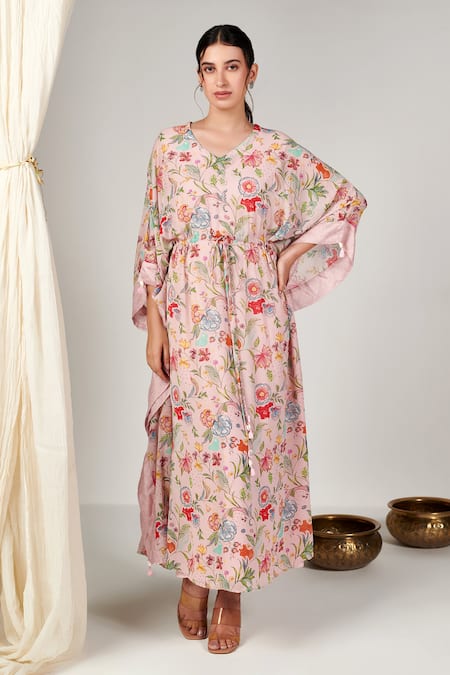 Blooming Threads Pink Cotton Silk Print Bagicha Gul V Neck Kaftan 