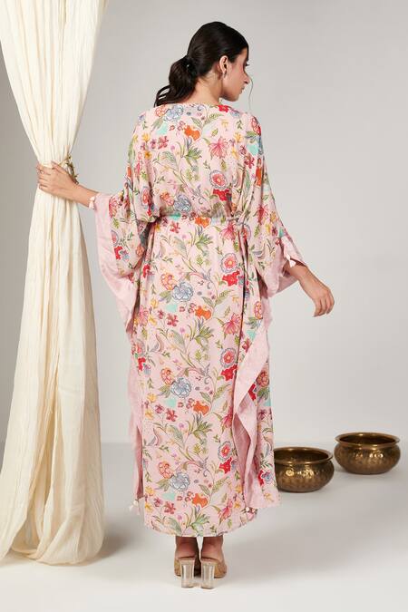 Shop Blooming Threads Pink Cotton, Silk Tassels V-neck Bagicha Gul Print Kaftan at Aza Fashions Shop_Blooming Threads_Pink Cotton, Silk Tassels V-neck Bagicha Gul Print Kaftan_at_Aza_Fashions