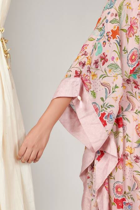Buy Blooming Threads Pink Cotton, Silk Tassels V-neck Bagicha Gul Print Kaftan Online at Aza Fashions Buy_Blooming Threads_Pink Cotton, Silk Tassels V-neck Bagicha Gul Print Kaftan_Online_at_Aza_Fashions