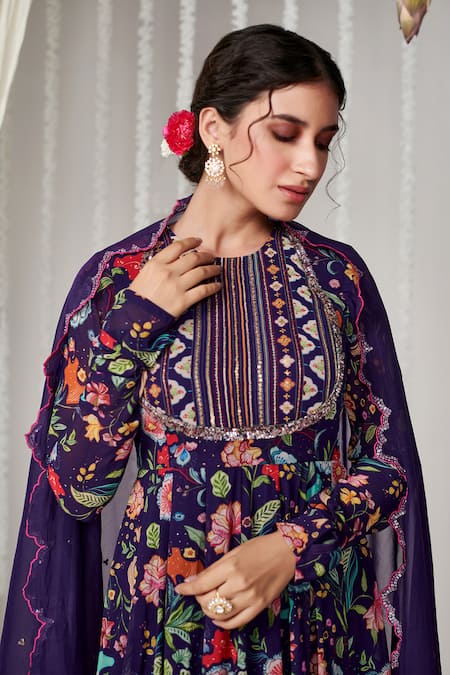 Blooming Threads_Purple Georgette, Lycra, Organza Sequins Bagicha Gulbahar Print Anarkali Set _Online_at_Aza_Fashions