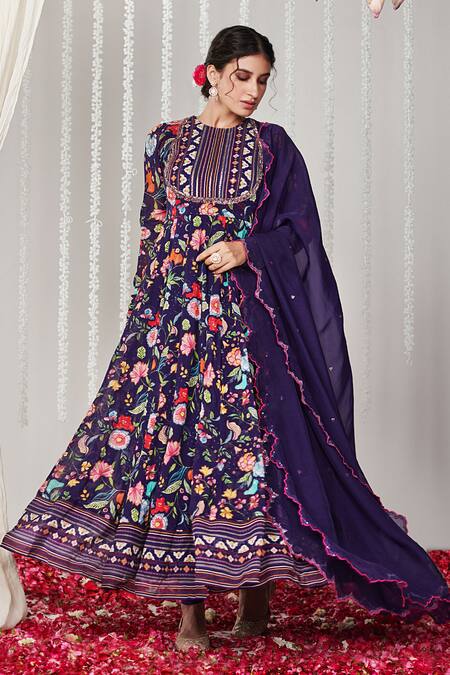 Buy_Blooming Threads_Purple Georgette, Lycra, Organza Sequins Bagicha Gulbahar Print Anarkali Set _Online_at_Aza_Fashions