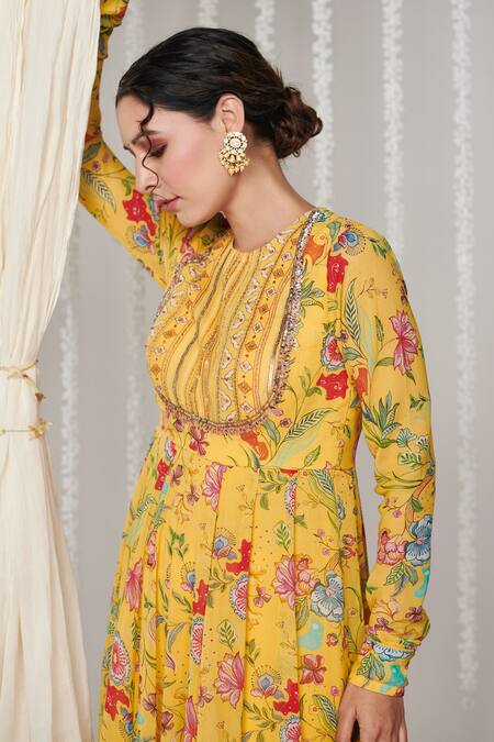 Blooming Threads_Yellow Georgette, Lycra, Organza, Linen Bagicha Bahar Print Anarkali Set _Online_at_Aza_Fashions