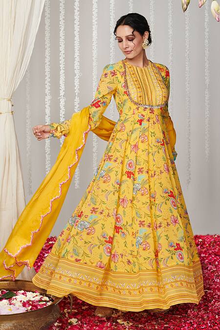 Buy_Blooming Threads_Yellow Georgette, Lycra, Organza, Linen Bagicha Bahar Print Anarkali Set _Online_at_Aza_Fashions