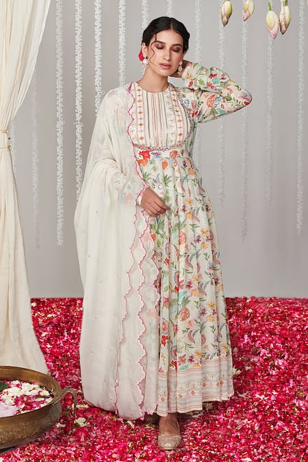 Blooming Threads White Georgette Print Bagicha Gul High Neck Phool Anarkali Set 