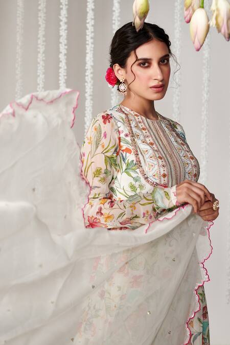 Buy_Blooming Threads_White Georgette, Lycra, Organza Embroidery, Bagicha Phool Print Anarkali Set _Online_at_Aza_Fashions