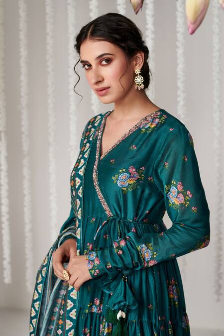 Shop_Blooming Threads_Green Georgette, Lycra, Bagicha Phool Print Tiered Angarkha Anarkali Set _Online_at_Aza_Fashions