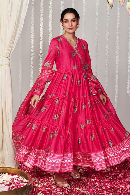 Blooming Threads Pink Georgette Print Bagicha Phool V Neck Bloom Tiered Angarkha Anarkali Set 