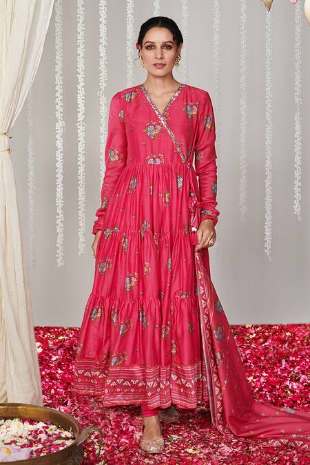 Blooming Threads_Pink Georgette, Lycra, Organza, Bagicha Bloom Print Tiered Angarkha Anarkali Set _Online_at_Aza_Fashions