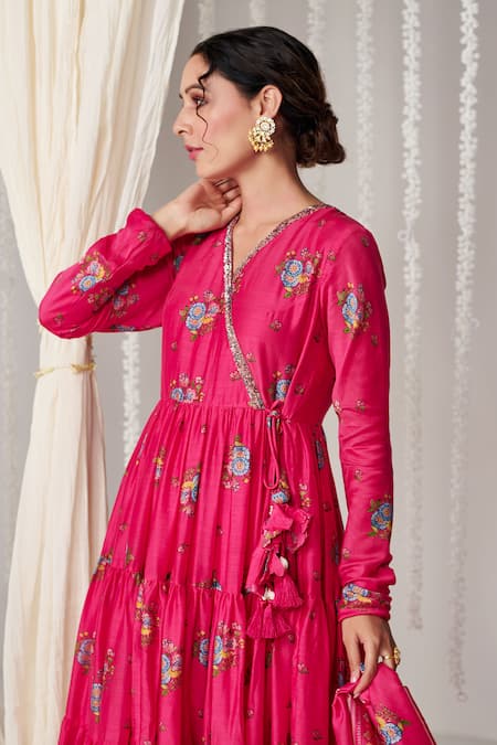 Buy_Blooming Threads_Pink Georgette, Lycra, Organza, Bagicha Bloom Print Tiered Angarkha Anarkali Set _Online_at_Aza_Fashions