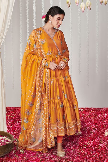 Blooming Threads Orange Georgette Print Bagicha Phool V Neck Tiered Angarkha Anarkali Set 