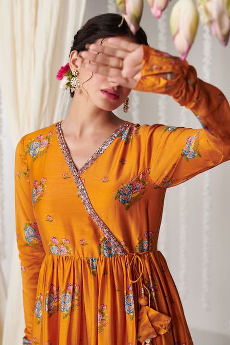 Blooming Threads_Orange Georgette, Lycra, Organza Bagicha Print Tiered Angarkha Anarkali Set _Online_at_Aza_Fashions