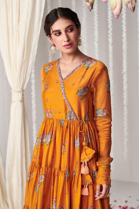Buy_Blooming Threads_Orange Georgette, Lycra, Organza Bagicha Print Tiered Angarkha Anarkali Set _Online_at_Aza_Fashions