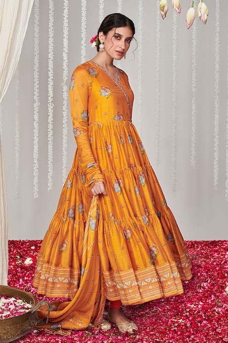 Shop_Blooming Threads_Orange Georgette, Lycra, Organza Bagicha Print Tiered Angarkha Anarkali Set _Online_at_Aza_Fashions