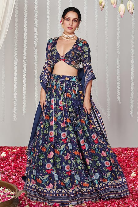 Blooming Threads_Blue Organza, , Silk, Satin Bagicha Gardenia Print Lehenga Set _Online_at_Aza_Fashions