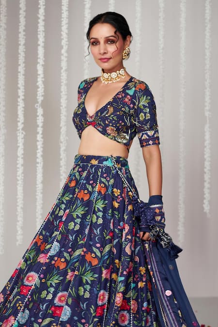 Buy_Blooming Threads_Blue Organza, , Silk, Satin Bagicha Gardenia Print Lehenga Set _Online_at_Aza_Fashions
