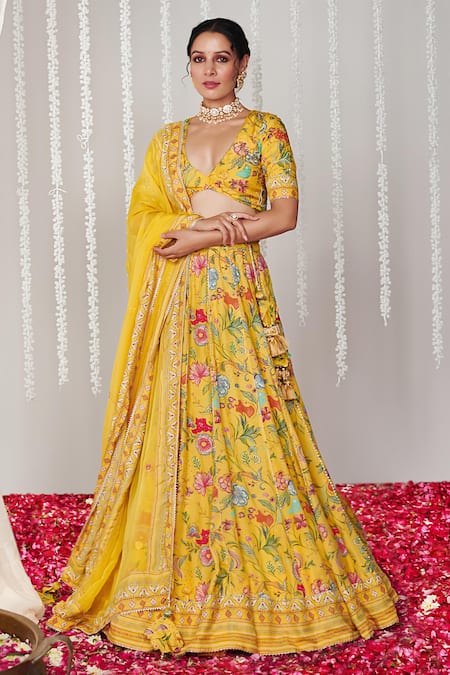 Blooming Threads Yellow Cotton Silk Print Bagicha Gardenia Plunging V Neck Lehenga Set 