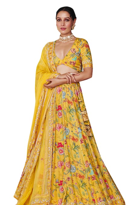Buy_Blooming Threads_Yellow Organza, Cotton Satin Tassels Plunge Bagicha Garden Print Lehenga Set _Online_at_Aza_Fashions