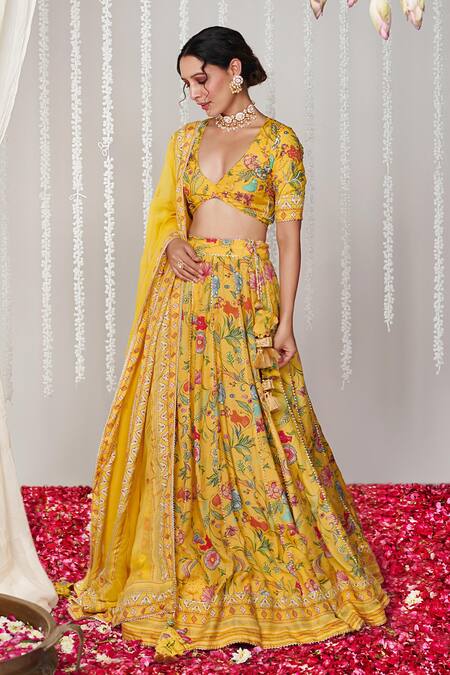 Shop_Blooming Threads_Yellow Organza, Cotton Satin Tassels Plunge Bagicha Garden Print Lehenga Set _Online_at_Aza_Fashions